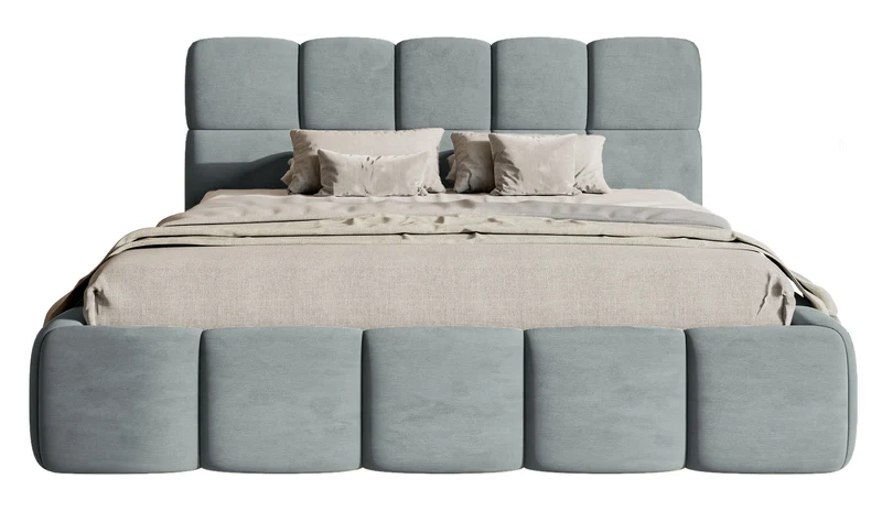 Gepolstertes Bett 140x200 cm Cloudy mit Stauraum, grauer wasserabweisender und leicht zu reinigender Samt, Metallrahmen
