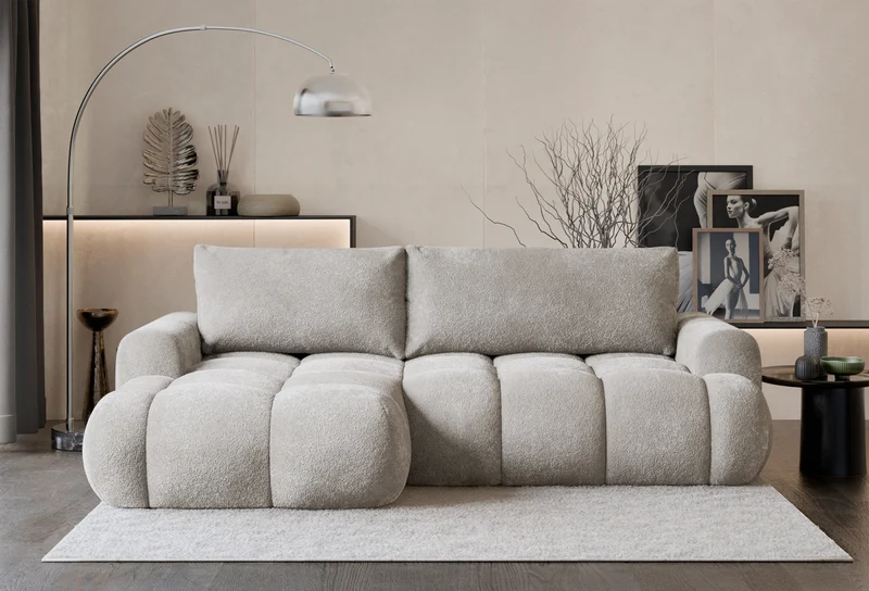 Ecksofa mit Schlaffunktion Ombo Mini, L-förmig, linksseitig, mit Stauraum, grau-beiger Bouclé-Stoff