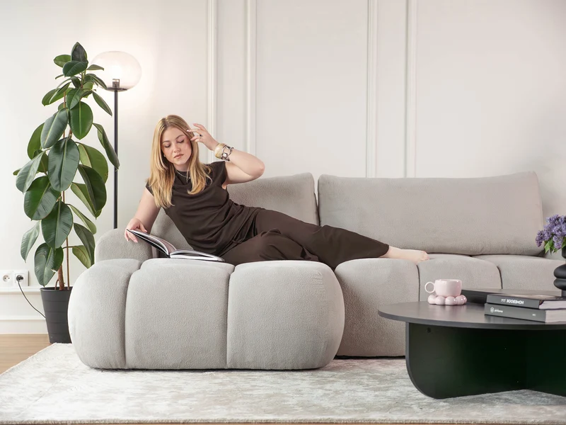 Ecksofa mit Schlaffunktion Ombo Mini, L-förmig, linksseitig, mit Stauraum, grau-beiger Bouclé-Stoff