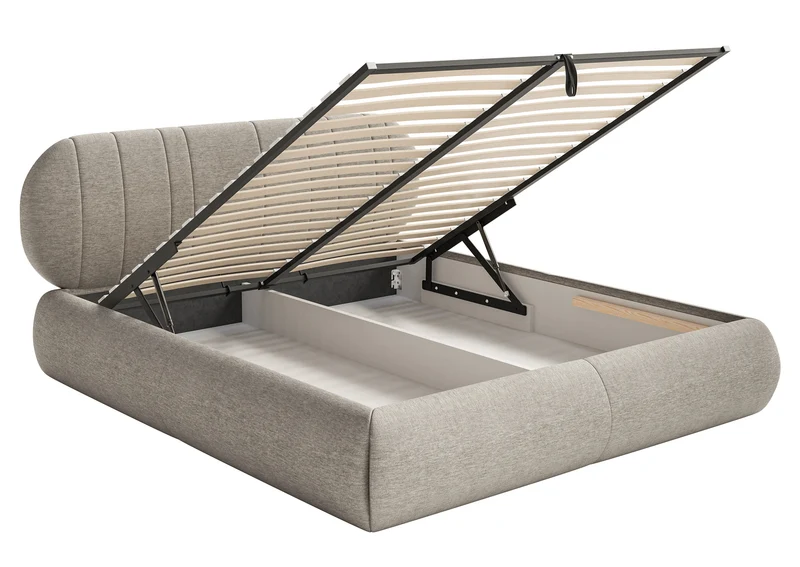 Gepolstertes Bett 160x200 cm Asmelio mit Stauraum, Metallrahmen, grau-beige Geflecht
