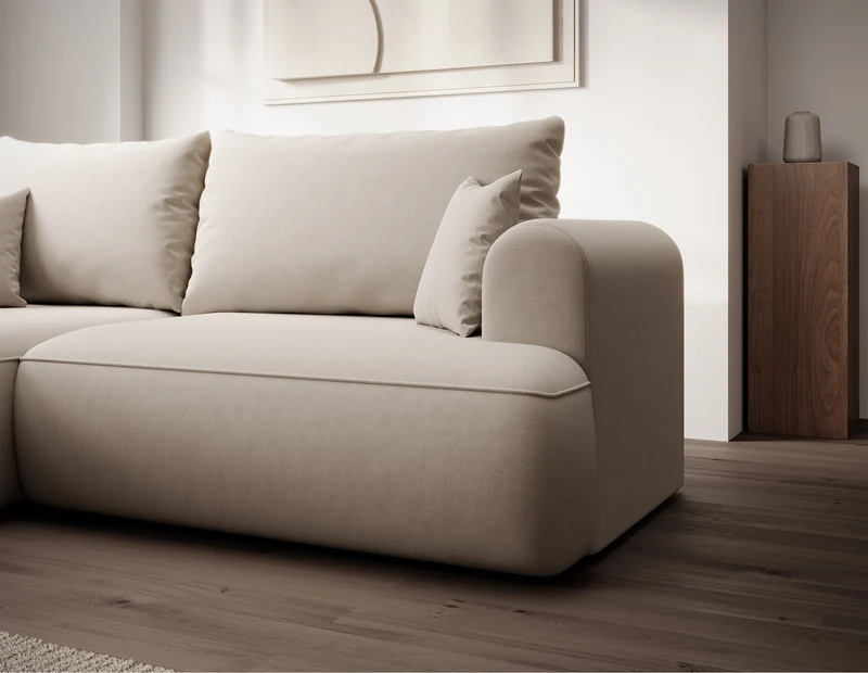 Ecksofa mit Schlaffunktion Ovo mini, L-Form, linksseitig, mit Stauraum, cremefarbener Velours, pflegeleicht