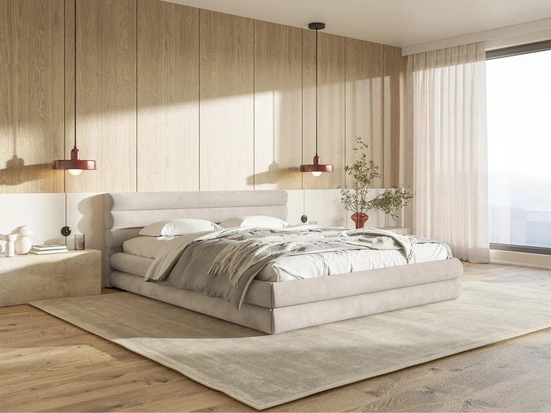 Polsterbett 180x200 cm Alegre mit Bettkasten, hellbeiger Velours, wasserabweisend, pflegeleicht, Metallrahmen