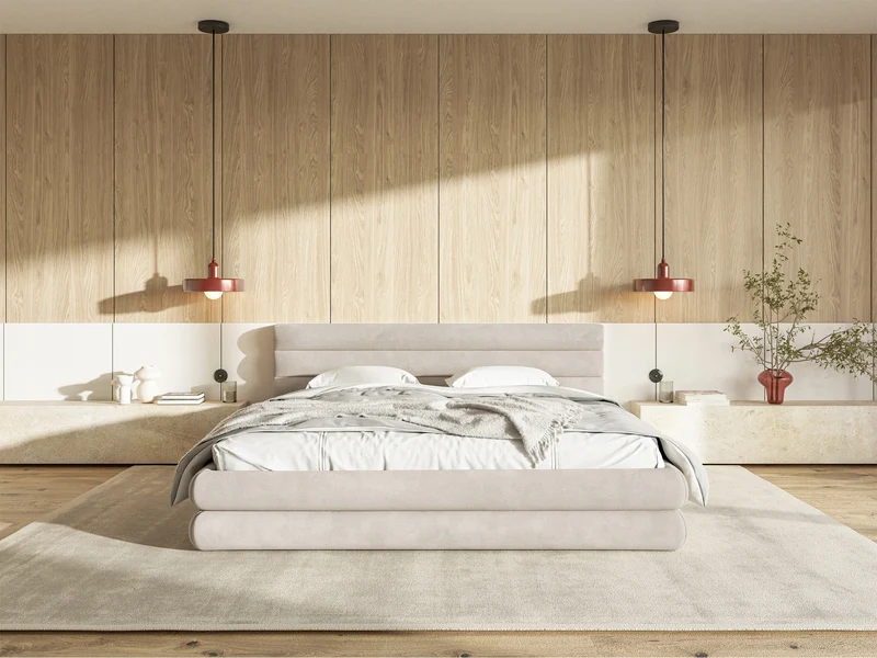 Polsterbett 180x200 cm Alegre mit Bettkasten, hellbeiger Velours, wasserabweisend, pflegeleicht, Metallrahmen