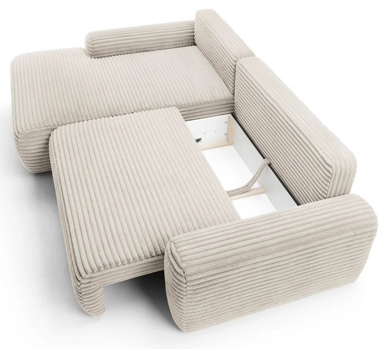 Ecksofa mit Schlaffunktion Alferia, L-förmig, mit Stauraum, cremefarbener Cord, linksseitig