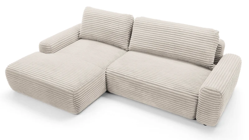 Ecksofa mit Schlaffunktion Alferia, L-förmig, mit Stauraum, cremefarbener Cord, linksseitig