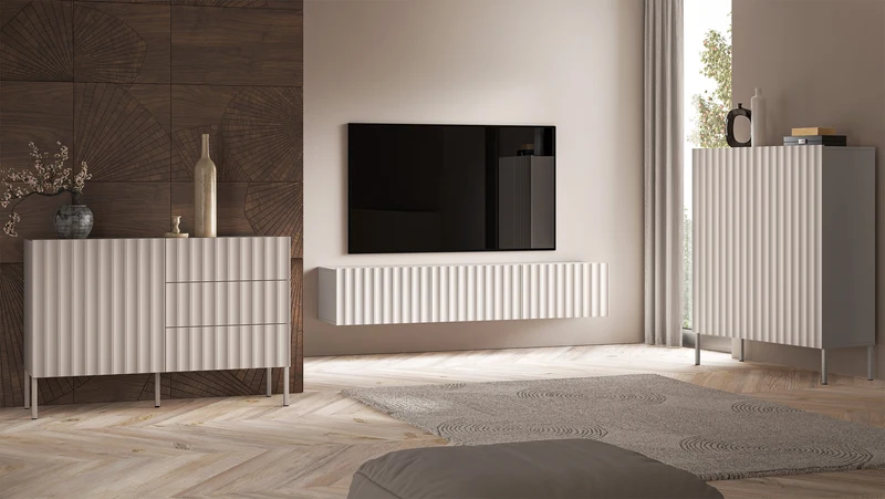 Hängender TV-Schrank Derriva mit geriffelten Fronten, 170 cm, Kaschmirfarben