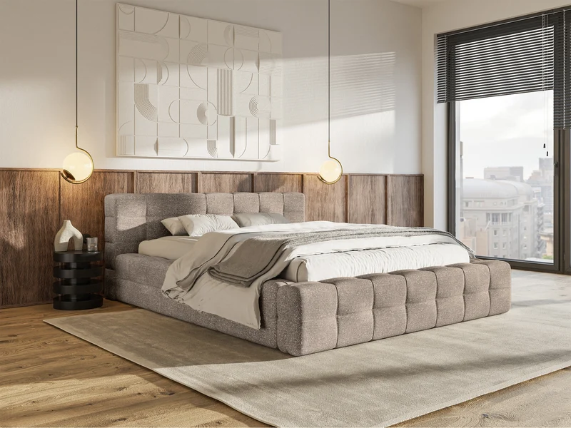 Gepolstertes Bett Puffly 160x200 cm mit Stauraum, Metallrahmen, hellbrauner Chenille