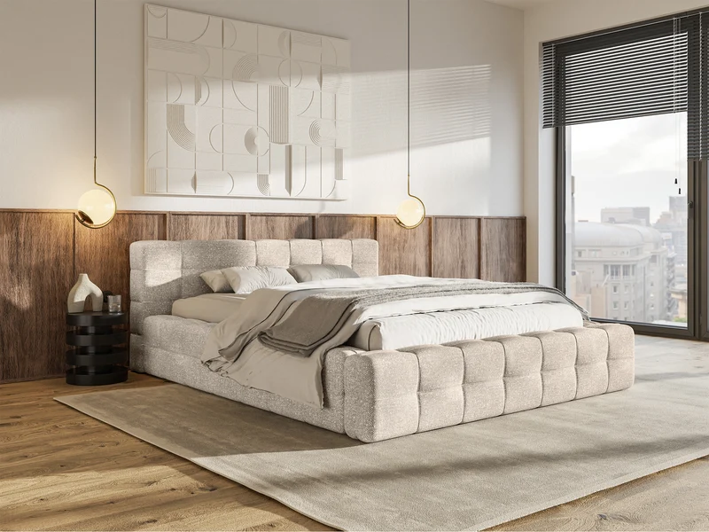 Gepolstertes Bett Puffly 160x200 cm mit Stauraum, Metallrahmen, beiger Chenille
