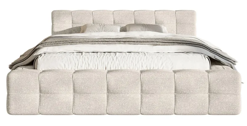 Polstermöbelbett Puffly 160x200 cm mit Stauraum, Metallrahmen, cremefarbener Chenille