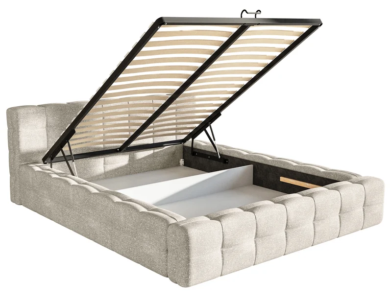 Polstermöbelbett Puffly 160x200 cm mit Stauraum, Metallrahmen, cremefarbener Chenille