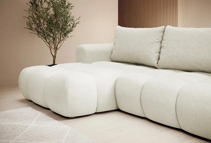 Ecksofa mit Schlaffunktion Ombo, cremefarben, L-förmig, mit Stauraum, aus leicht zu reinigendem Flechtstoff, linksseitig