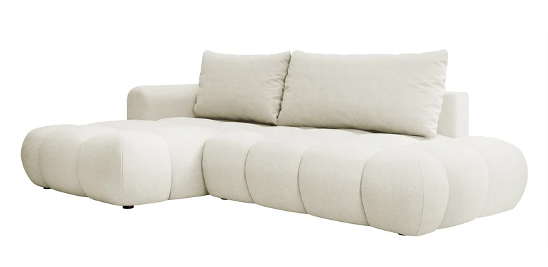 Ecksofa mit Schlaffunktion Ombo, cremefarben, L-förmig, mit Stauraum, aus leicht zu reinigendem Flechtstoff, linksseitig