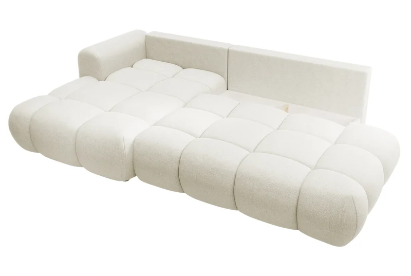 Ecksofa mit Schlaffunktion Ombo, cremefarben, L-förmig, mit Stauraum, aus leicht zu reinigendem Flechtstoff, linksseitig