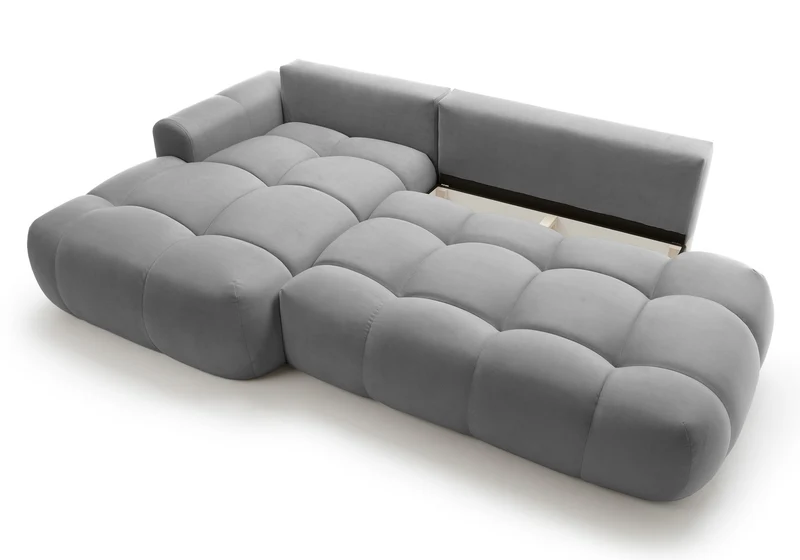 Ecksofa mit Schlaffunktion Ombo, L-förmig, mit Stauraum, grauer hydrophober Samt, linksseitig