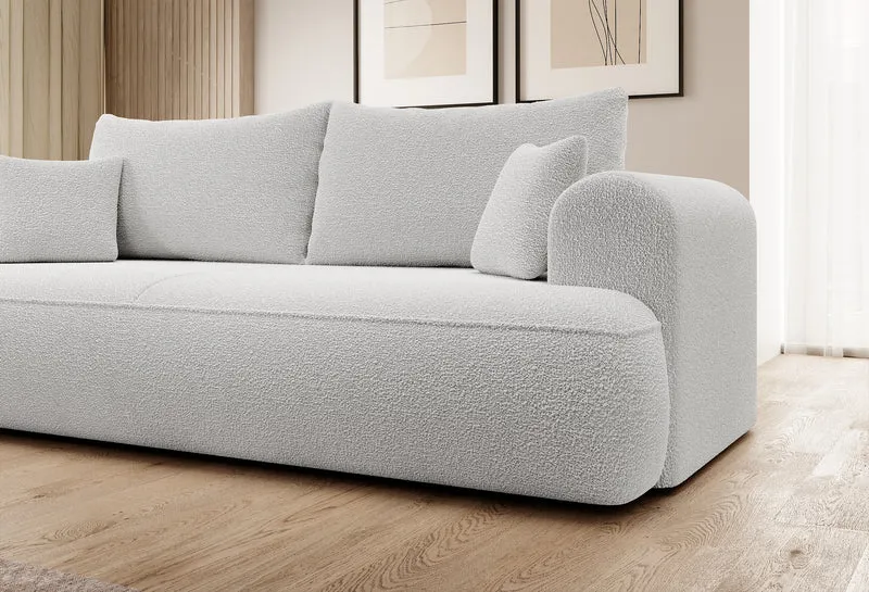 Dreisitziges ausklappbares Sofa Ovo mit Stauraum, grauer Bouclé-Stoff