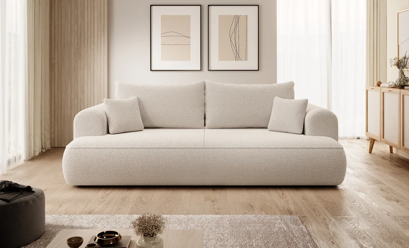 Dreisitziges ausklappbares Sofa Ovo mit Stauraum, beige Bouclé