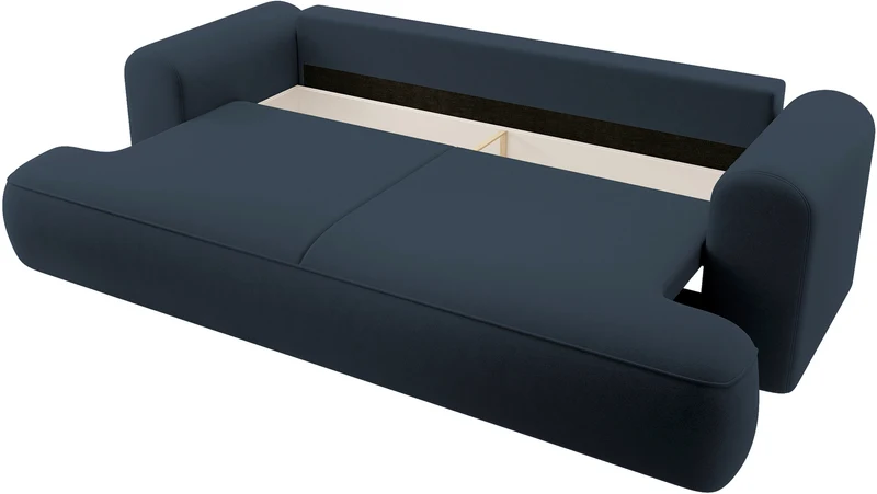 Dreisitziges Schlafsofa Ovo mit Stauraum, marineblauer Velours aus leicht zu reinigendem Stoff