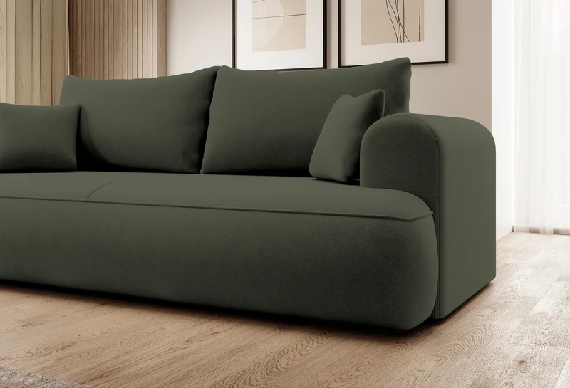 Drei-Sitzer-Schlafsofa Ovo mit Stauraum, olivgrüner Samt aus leicht zu reinigendem Stoff