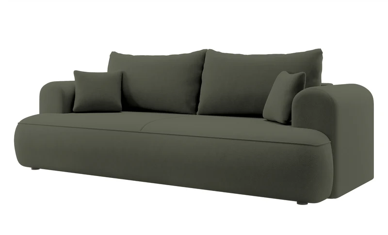 Drei-Sitzer-Schlafsofa Ovo mit Stauraum, olivgrüner Samt aus leicht zu reinigendem Stoff