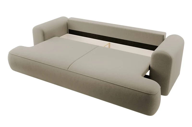 Dreisitziges ausklappbares Sofa Ovo mit Stauraum, beige, Velours aus leicht zu reinigendem Stoff