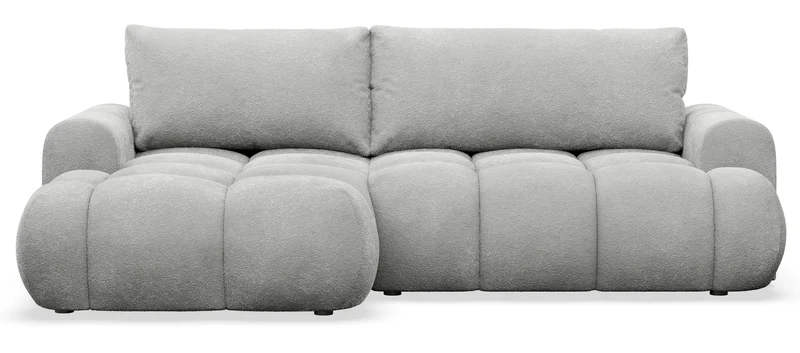 Ecksofa mit Schlaffunktion Ombo Mini, L-förmig, linksseitig, mit Stauraum, hellgrauer Bouclé-Stoff