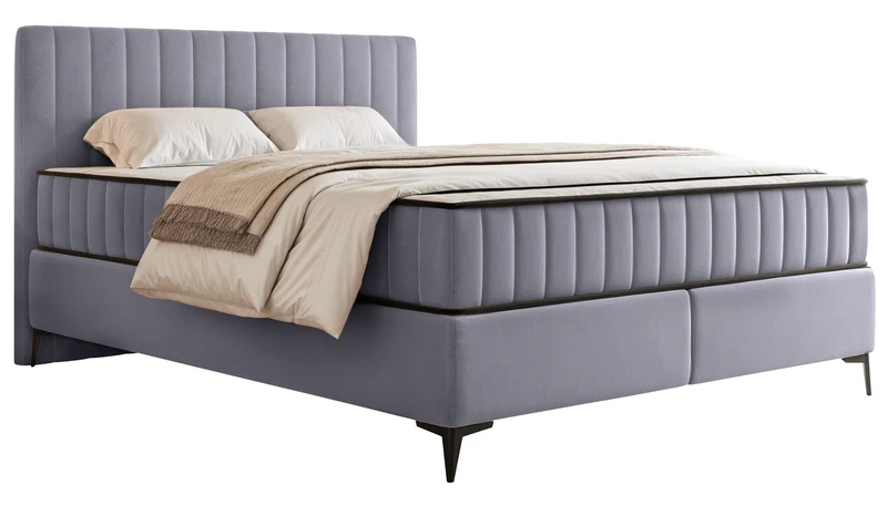 Kontinentales Bett 160x200 cm Mufasso mit Stauraum, hellgrauer Velours, wasserabweisend