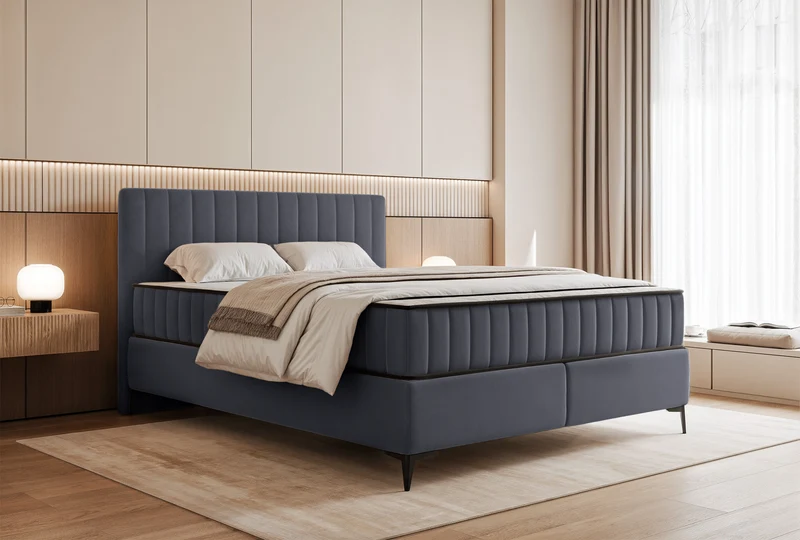 Kontinentales Bett 160x200 cm Mufasso mit Stauraum, grauer wasserabweisender Samt