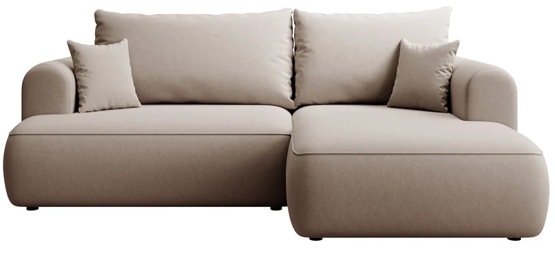 Ecksofa mit Schlaffunktion Ovo Mini, L-förmig, rechtsseitig, mit Stauraum, beige Velours, leicht zu reinigen