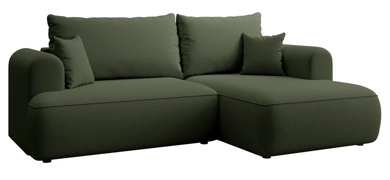 Ecksofa mit Schlaffunktion Ovo Mini, L-förmig, rechtsseitig, mit Stauraum, olivgrüner, leicht zu reinigender Samtbezug