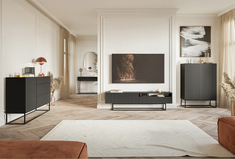 TV-Schrank Veldio mit gefräster Front und Nische, 175 cm, Schwarz mit schwarzen Beinen