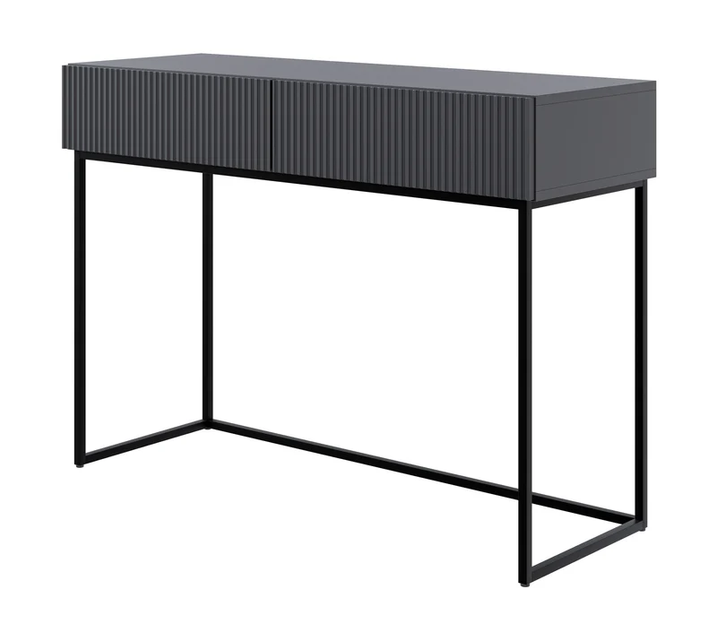 Toilettentisch Veldio mit gefräster Front und zwei Schubladen, 110 cm, Schwarz mit schwarzen Beinen