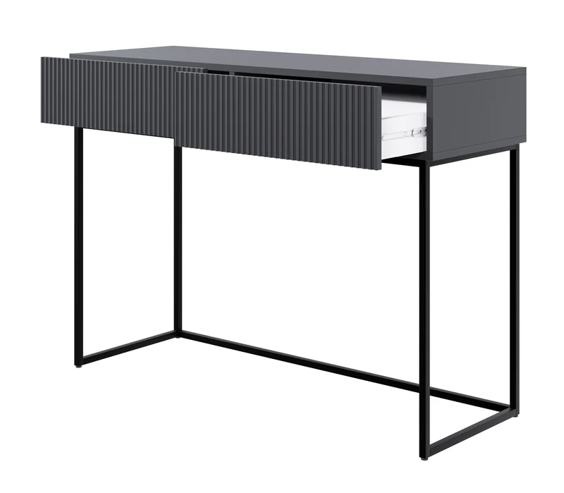 Toilettentisch Veldio mit gefräster Front und zwei Schubladen, 110 cm, Schwarz mit schwarzen Beinen