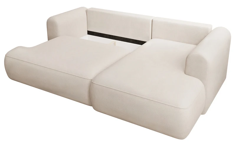 Ecksofa mit Schlaffunktion Ovo mini, L-förmig, rechtsseitig, mit Stauraum, cremefarbener, pflegeleichter Chenille-Stoff