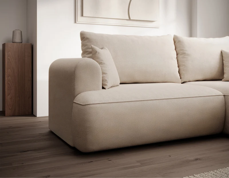 Ecksofa mit Schlaffunktion Ovo mini, L-förmig, rechtsseitig, mit Stauraum, cremefarbener, pflegeleichter Chenille-Stoff