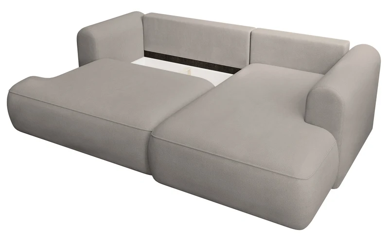 Ecksofa mit Schlaffunktion Ovo mini, L-förmig, rechtsseitig, mit Stauraum, grau-beiger Chenille, pflegeleicht