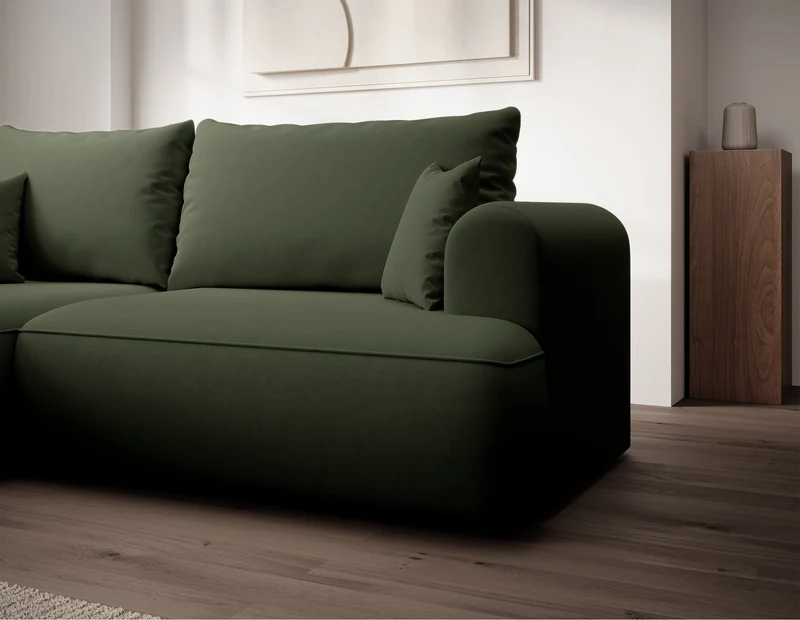 Ecksofa mit Schlaffunktion Ovo Mini, L-förmig, linksseitig, mit Stauraum, olivgrüner, pflegeleichter Samtbezug