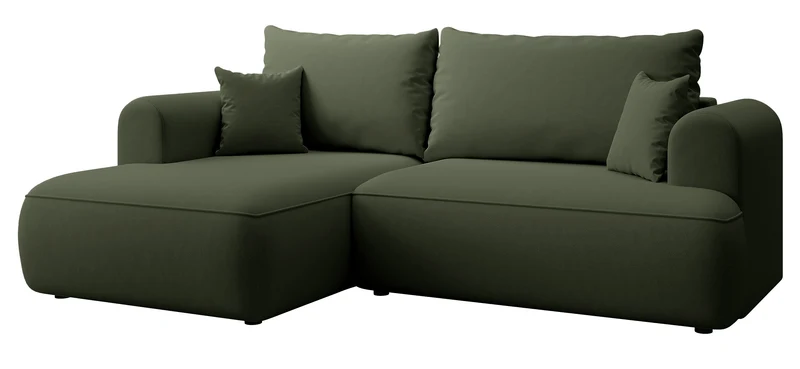 Ecksofa mit Schlaffunktion Ovo Mini, L-förmig, linksseitig, mit Stauraum, olivgrüner, pflegeleichter Samtbezug