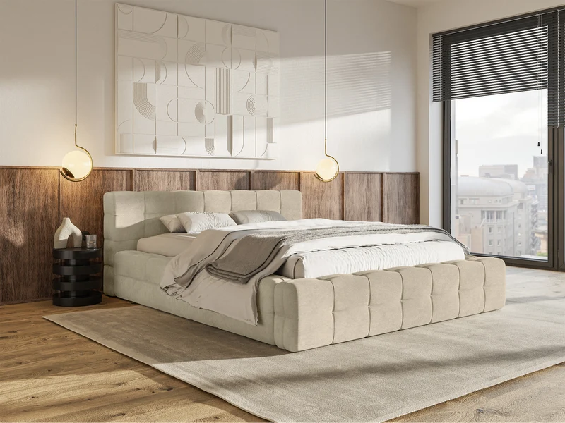 Polsterbett Puffly 140x200 cm mit Stauraum, Metallrahmen, beige Samt