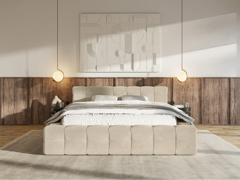 Polsterbett Puffly 140x200 cm mit Stauraum, Metallrahmen, beige Samt