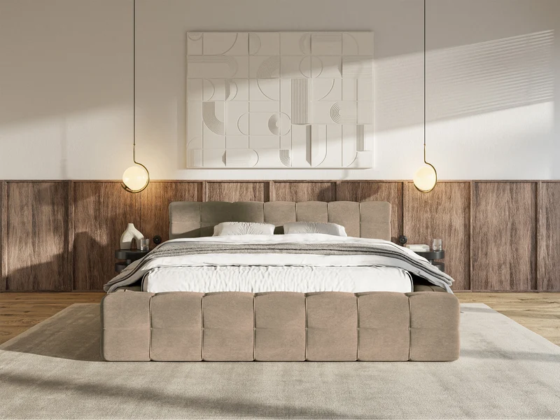 Polsterbett Puffly 140x200 cm mit Stauraum, Metallrahmen, dunkelbeiger Samt