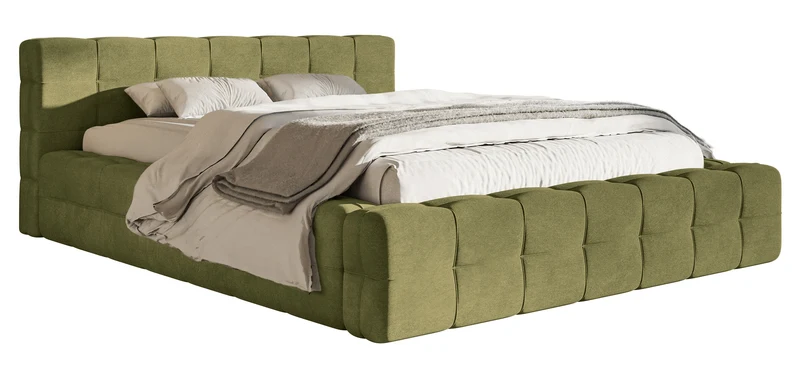 Gepolstertes Bett Puffly 140x200 cm mit Stauraum, Metallrahmen, olivgrüner Samt