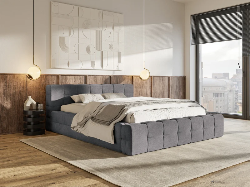 Gepolstertes Bett Puffly 160x200 cm mit Stauraum, Metallrahmen, grauer Samt