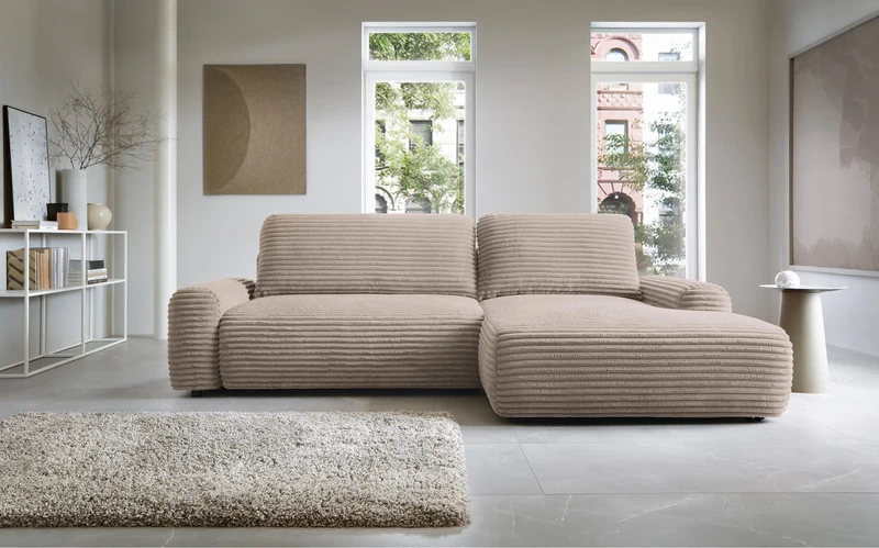 Ecksofa mit Schlaffunktion Alferia, L-förmig, mit Stauraum, beige Cord, rechtsseitig
