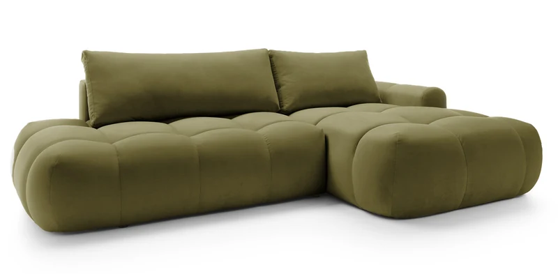 Ecksofa mit Schlafunktion Ombo, L-förmig, mit Stauraum, olivgrüner, hydrophober Samt, rechtsseitig