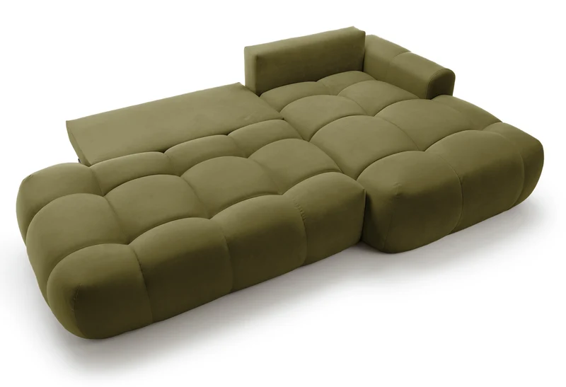 Ecksofa mit Schlafunktion Ombo, L-förmig, mit Stauraum, olivgrüner, hydrophober Samt, rechtsseitig