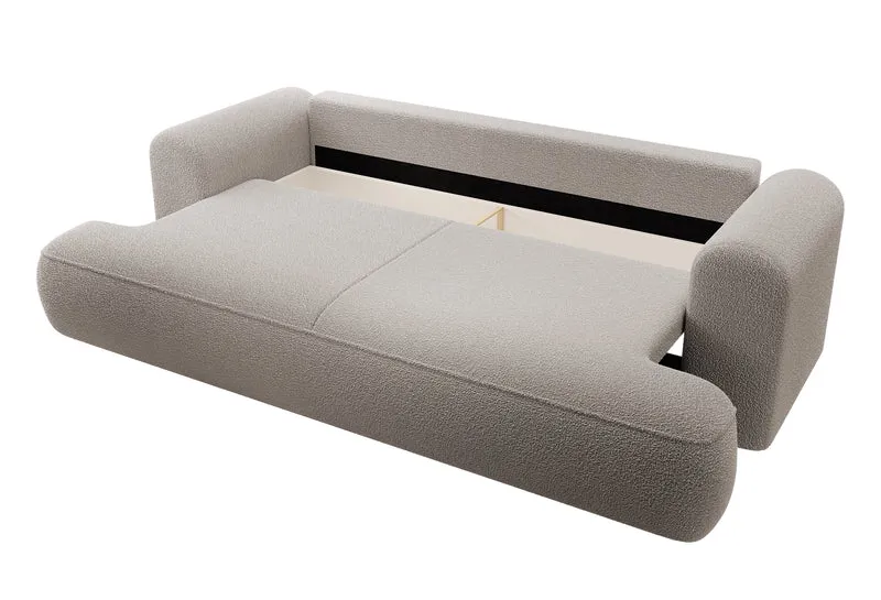 Dreisitziges ausklappbares Sofa Ovo mit Stauraum, dunkelbeiges Bouclé