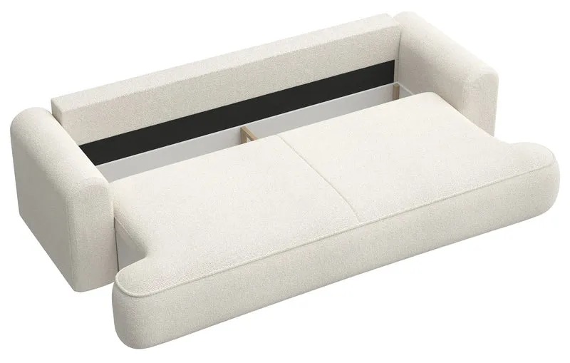 Dreisitziges ausklappbares Sofa Ovo mit Stauraum, cremefarbener Chenille-Bezug