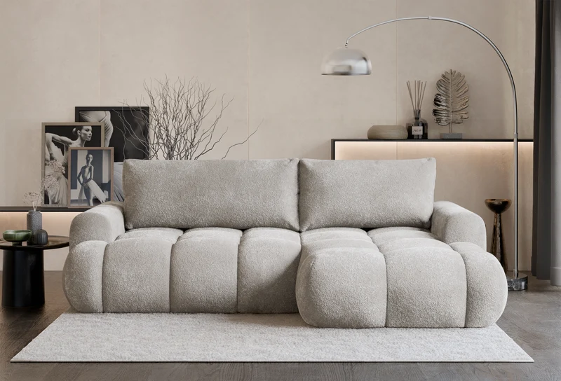 Ecksofa mit Schlaffunktion Ombo Mini, L-förmig, rechtsseitig mit Stauraum, grau-beiges Bouclé