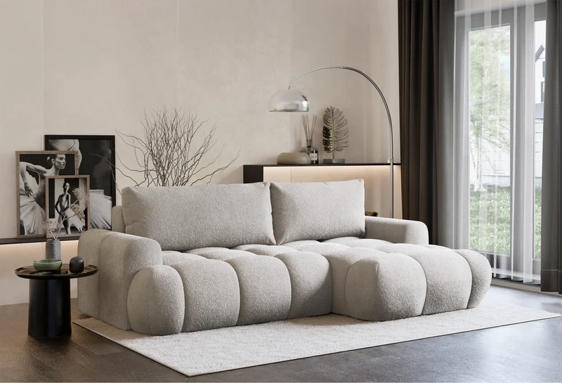 Ecksofa mit Schlaffunktion Ombo Mini, L-förmig, rechtsseitig mit Stauraum, grau-beiges Bouclé