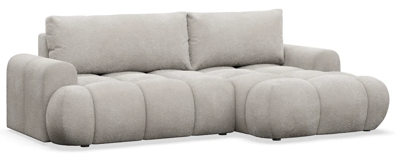 Ecksofa mit Schlaffunktion Ombo Mini, L-förmig, rechtsseitig mit Stauraum, grau-beiges Bouclé